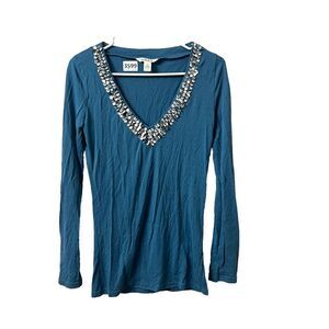 Vtg Y2K Abercrombie Fitch Blue Blouse L V-Neck Pullover Long Sleeve Sequin Bling